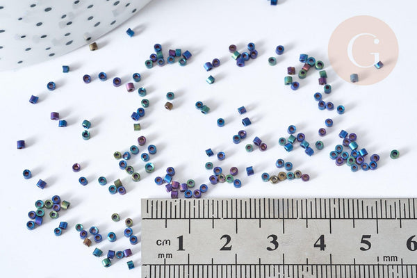 Perles tube bleu reflets violets verts mat façon Delica miyuki, x1 sachet de 8g (G8134)