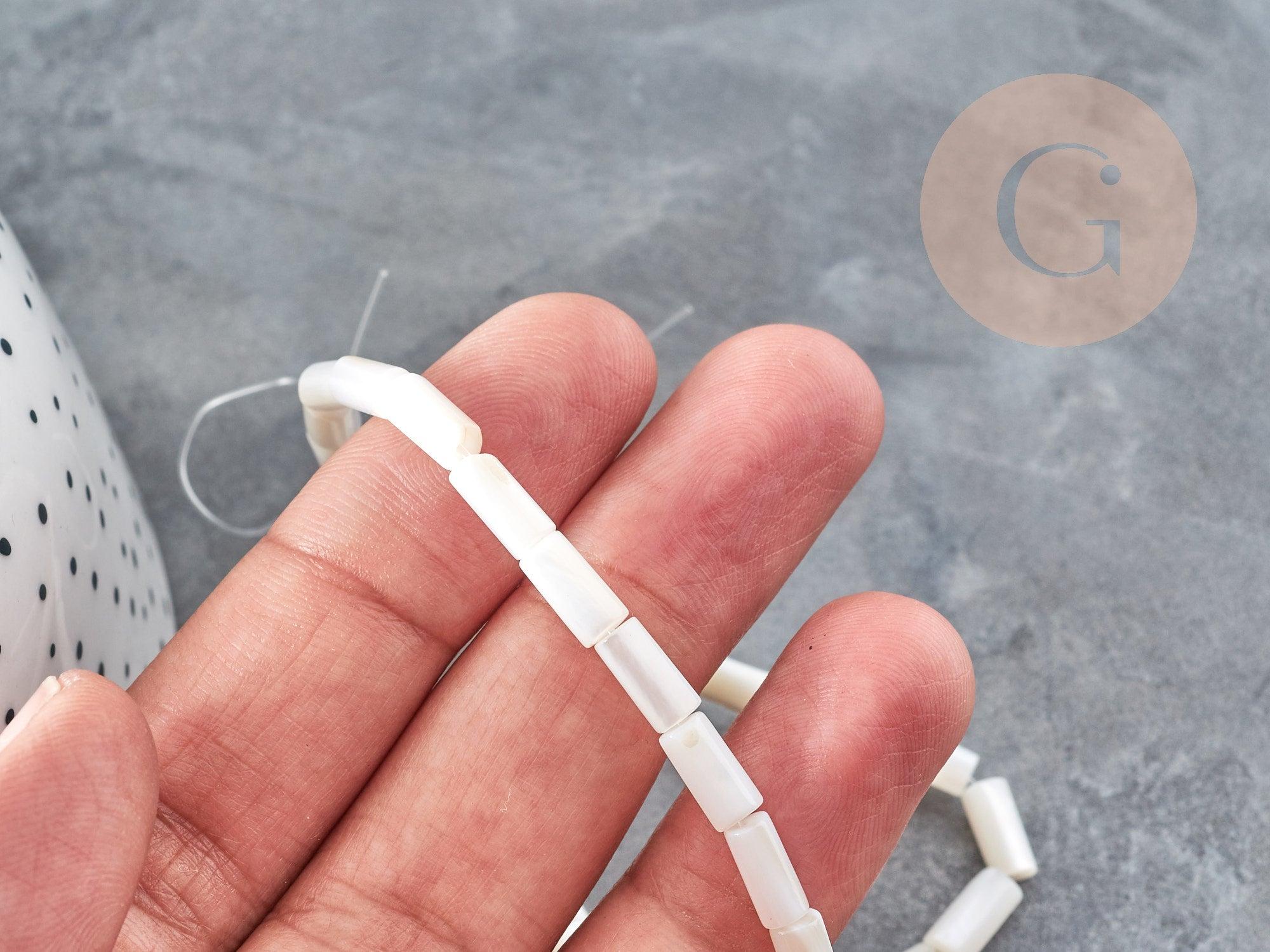 Perles tube nacre blanche 8x4mm, coquillage le fil de 38cm x1 (G9042)