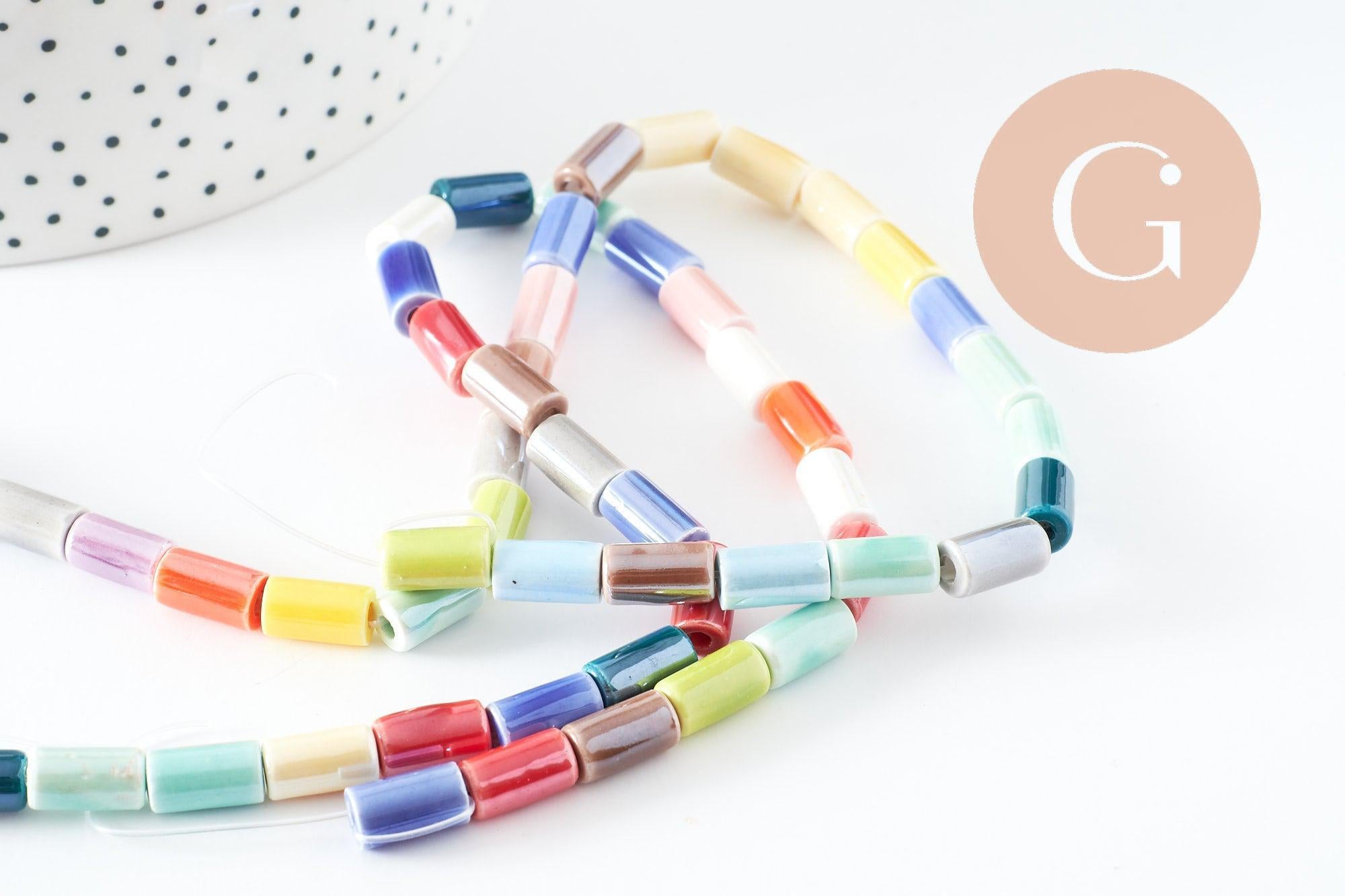 Perles tube porcelaine multicolore 11mm, création bijoux fantaisie DIY, fil de 30cm, x1 (G9659)