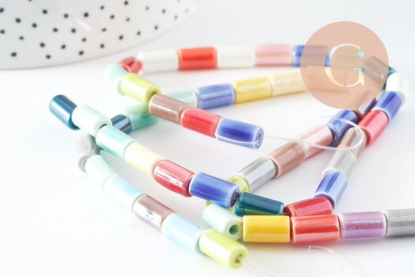 Perles tube porcelaine multicolore 11mm, création bijoux fantaisie DIY, fil de 30cm, x1 G9659