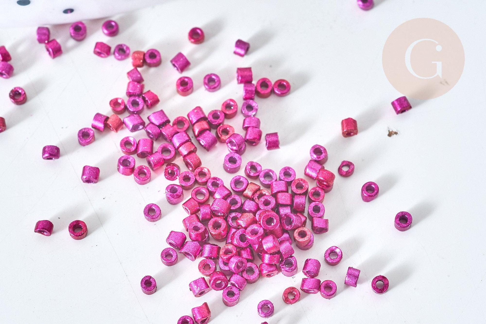 Perles tube verre Rose fuchsia métallisé mat façon Delica miyuki, x1 sachet de 8g (G7763)