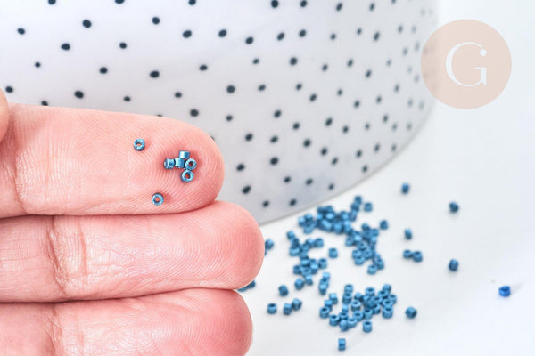 Perles tube verre bleu foncé métallisé mat façon Delica miyuki, x1 Sachet 8g (G7776)