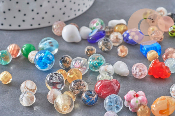 Perles verre murano formes et couleurs multiples, perles feuille argent, x10 (G11024)