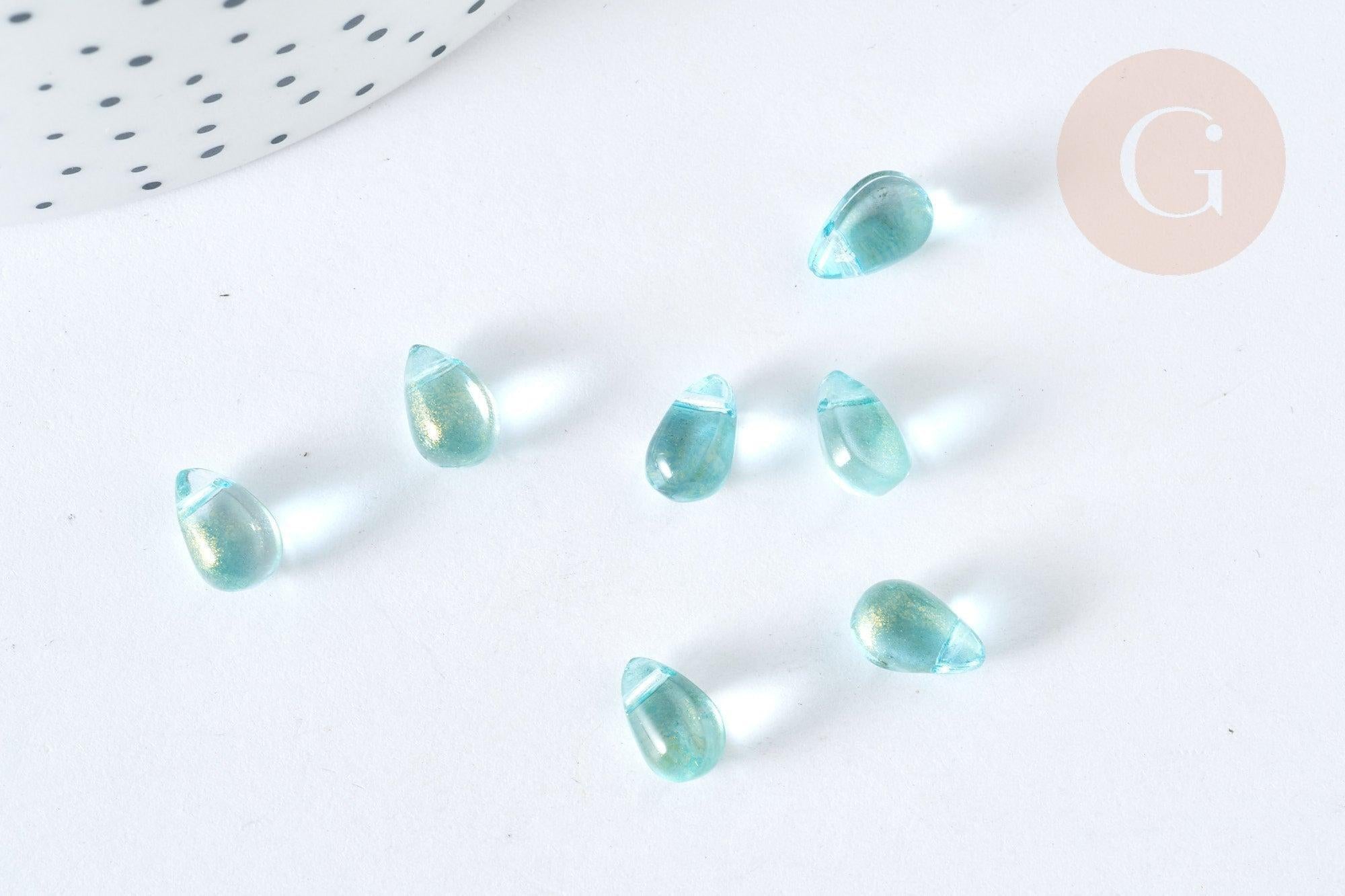 Perles verre transparent goutte bleu ciel doré 9mm, verre, x10 (G7283)