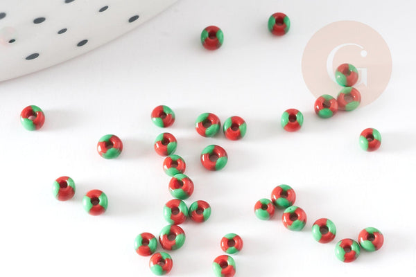 Petite Perle rocaille rayé rouge vert 2.5x3mm, x 10gr (G5397)