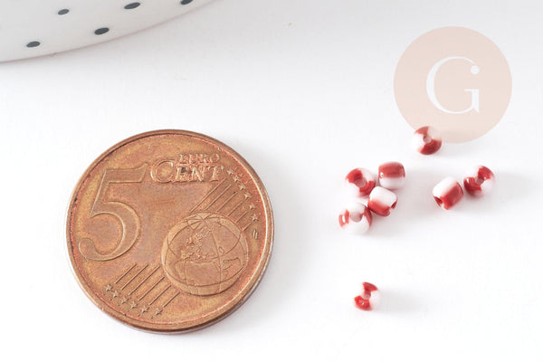 Petite perle rocaille rayé rouge blanc 1.5x2mm, x10g (G2670)