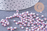 Petite perle rocaille verre rayé bleu blanc rouge 3x4.5mm, x10 Gr (G10709)