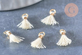Pompon blanc écru polyestère support doré, pompon boucles,fabrication bijoux bohème,10-16mm, x5 (G4546)