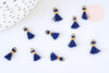 Pompon bleu foncé polyestère support doré,décoration pompon, pompon boucles,fabrication bijoux bohème,10-15mm, x10 (G5562)