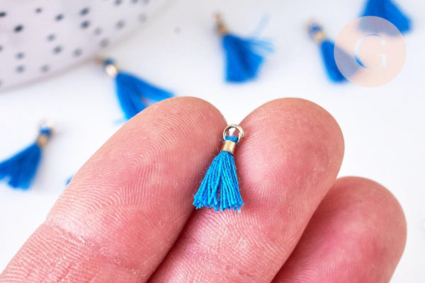 Pompon bleu vif polyestère support doré 10-15mm, x10 (G5561)