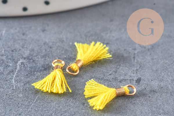 Pompon jaune polyestère support doré,décoration pompon, pompon boucles,fabrication bijoux bohème,10-15mm,les 10 (G6237)
