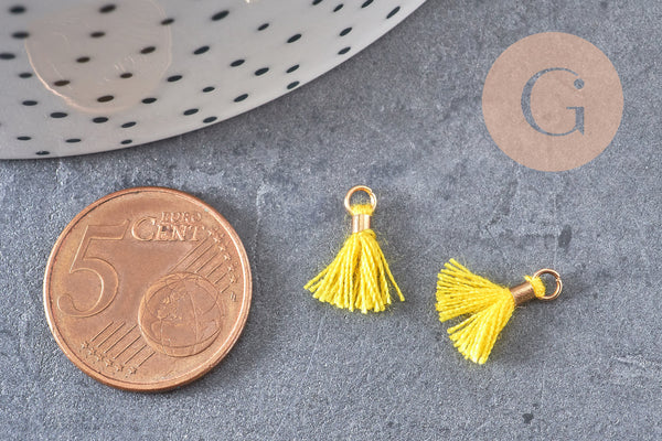 Pompon jaune polyestère support doré,décoration pompon, pompon boucles,fabrication bijoux bohème,10-15mm,les 10 (G6237)