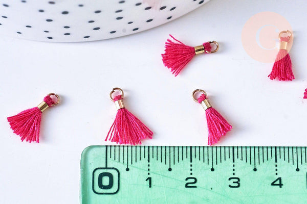 Pompon rose foncé polyestère support doré,décoration pompon, pompon boucles,fabrication bijoux bohème,10-15mm,les 10 G5565