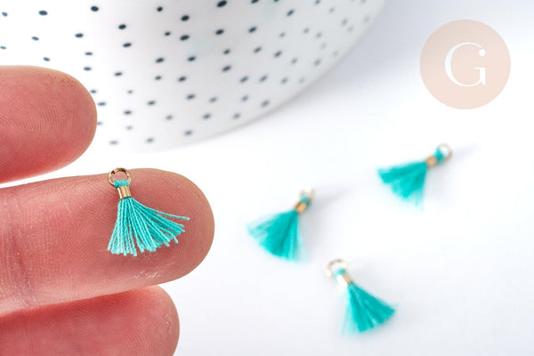 Pompon vert polyestère support doré 10-15mm,décoration pompon, pompon boucles,fabrication bijoux bohème, x10 (G8223)