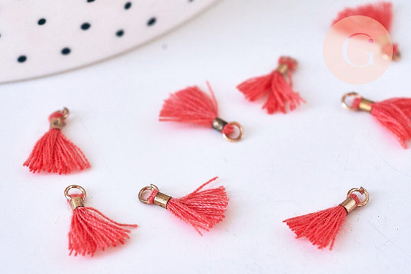 Pompon vieux rose corail polyestère support doré,décoration pompon, pompon boucles,fabrication bijoux bohème,10-15mm,les 10 G5564