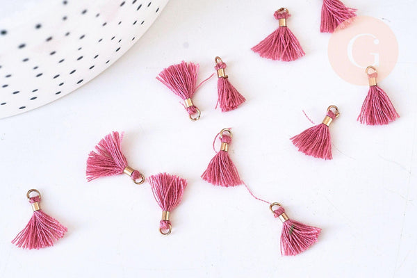 Pompon vieux rose polyestère support doré,décoration pompon, pompon boucles,fabrication bijoux bohème,10-15mm, x10 (G5567)