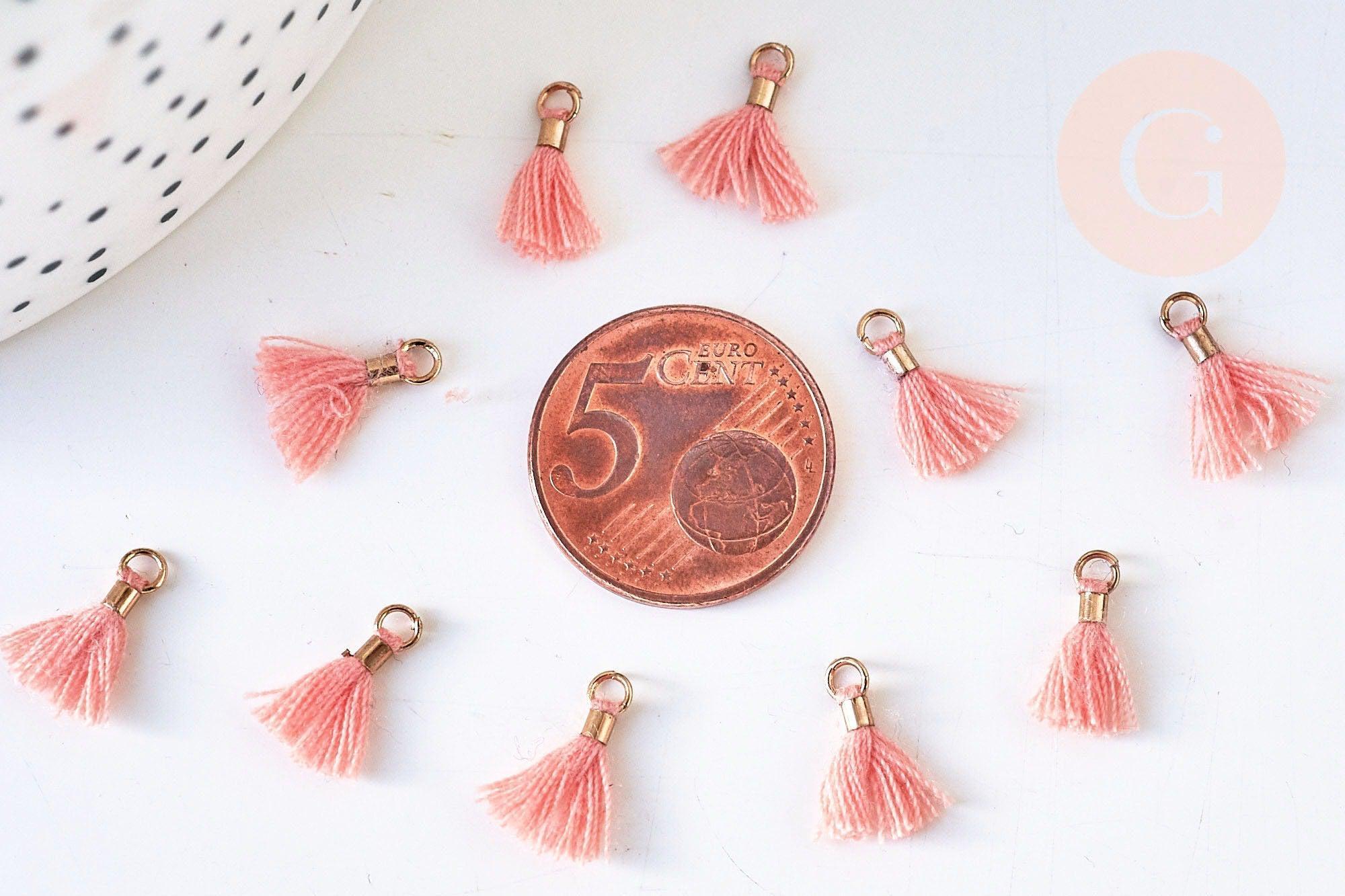 Pompon vieux rose saumon polyestère fer doré 10-15mm, x10 (G5559)