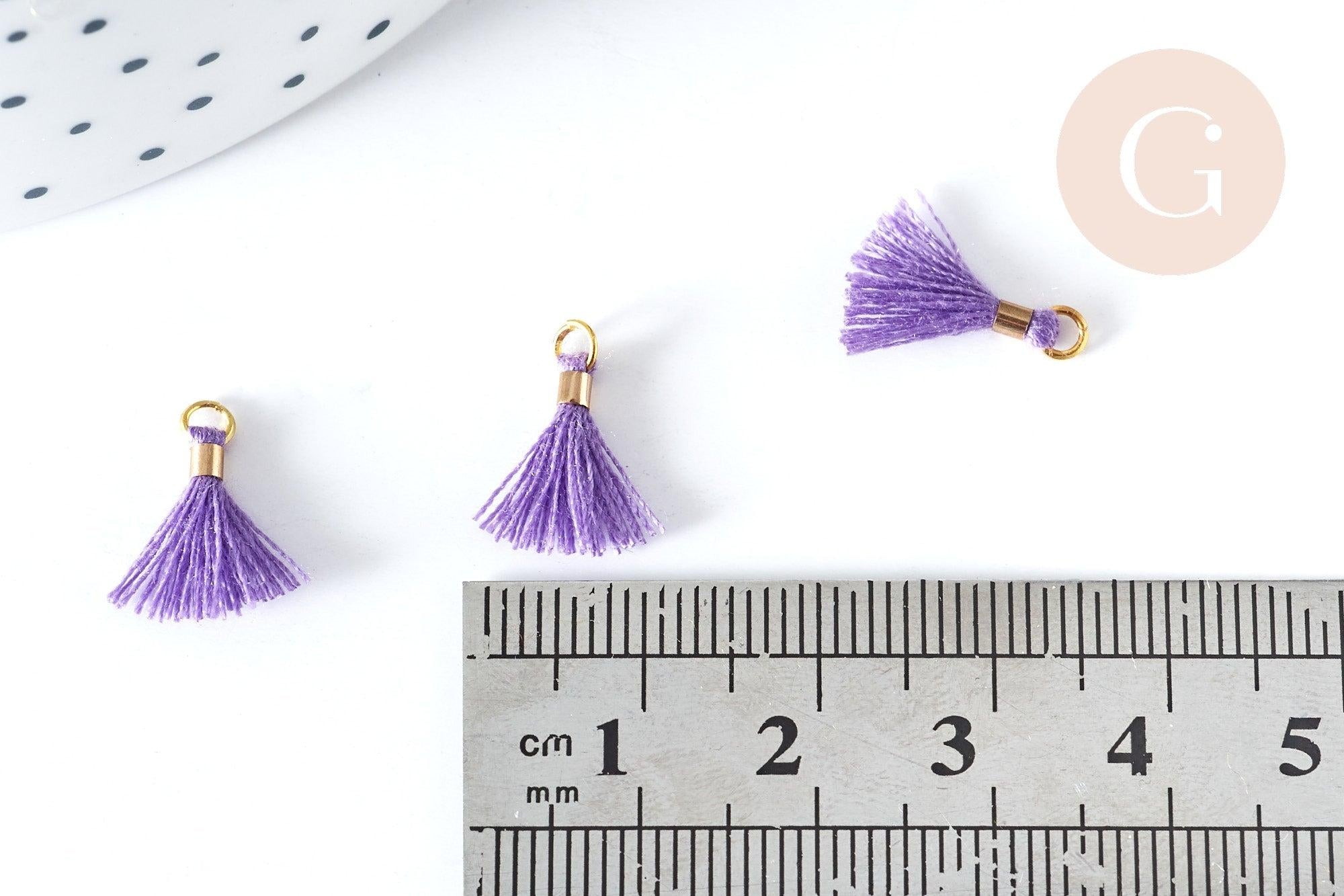Pompon violet polyestère support doré 10-15mm,décoration pompon, pompon boucles,fabrication bijoux bohème, x10 (G8220)