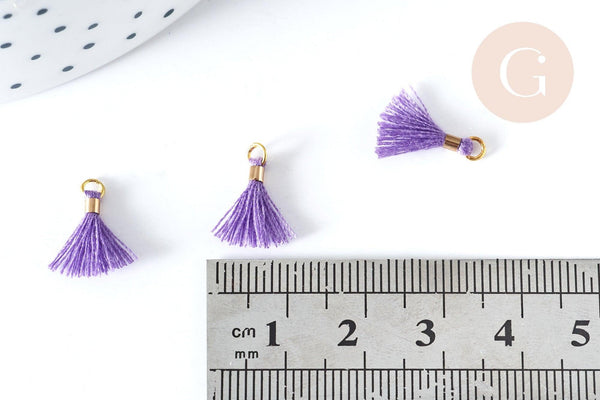 Pompon violet polyestère support doré 10-15mm,décoration pompon, pompon boucles,fabrication bijoux bohème, x10 (G8220)