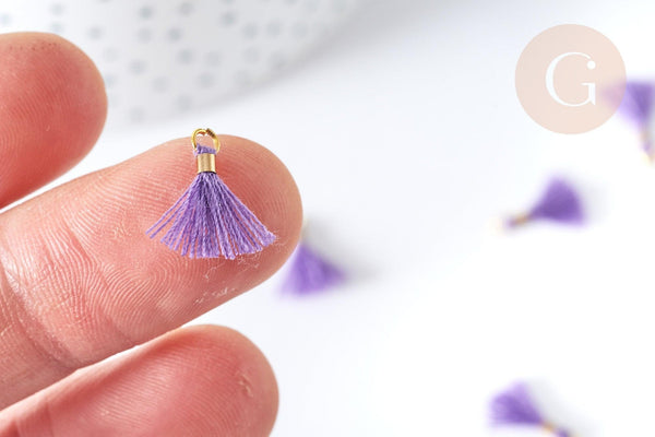 Pompon violet polyestère support doré 10-15mm,décoration pompon, pompon boucles,fabrication bijoux bohème, x10 (G8220)