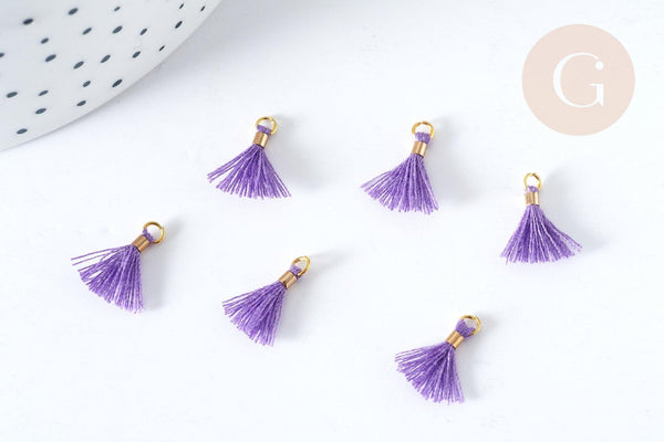 Pompon violet polyestère support doré 10-15mm,décoration pompon, pompon boucles,fabrication bijoux bohème, x10 (G8220)