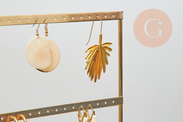 Présentoir à bijoux boucles d'oreilles laiton doré socle bois 25.25cm, x1 (G7468)