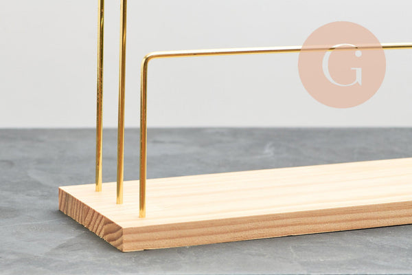 Présentoir à bijoux boucles d'oreilles laiton doré socle bois 34cm, x1 (G10249)