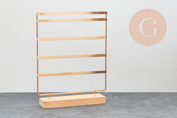Présentoir à bijoux boucles d'oreilles laiton doré socle bois 35cm, x1 (G10713)