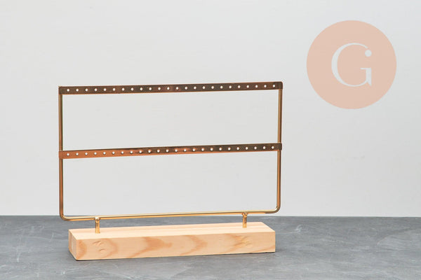 Présentoir bijoux boucles d'oreilles laiton doré socle bois, 20cm, x1 G6930