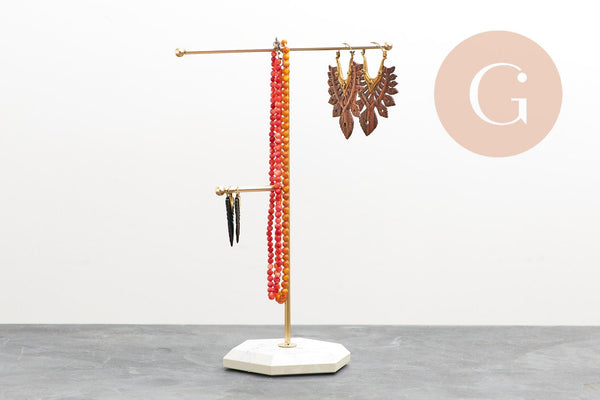 Présentoir bijoux boucles d'oreilles métal doré pied marbré 2 barres 26cm, x1 (G10245)