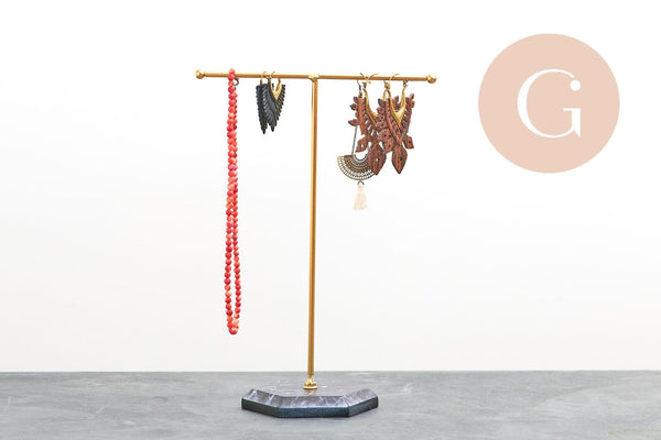 Présentoir bijoux boucles d'oreilles métal doré pied marbré 26cm, x1 (G10250)