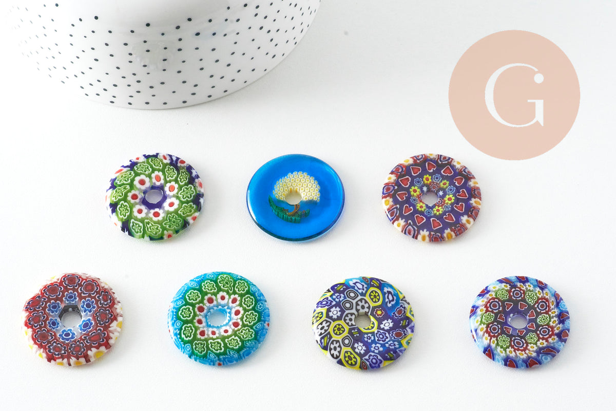 Pendentif donut millefiori murano multicolore 29-39mm x1 (G1451)-Breloques et pendentifs-Gingerlily Perles
