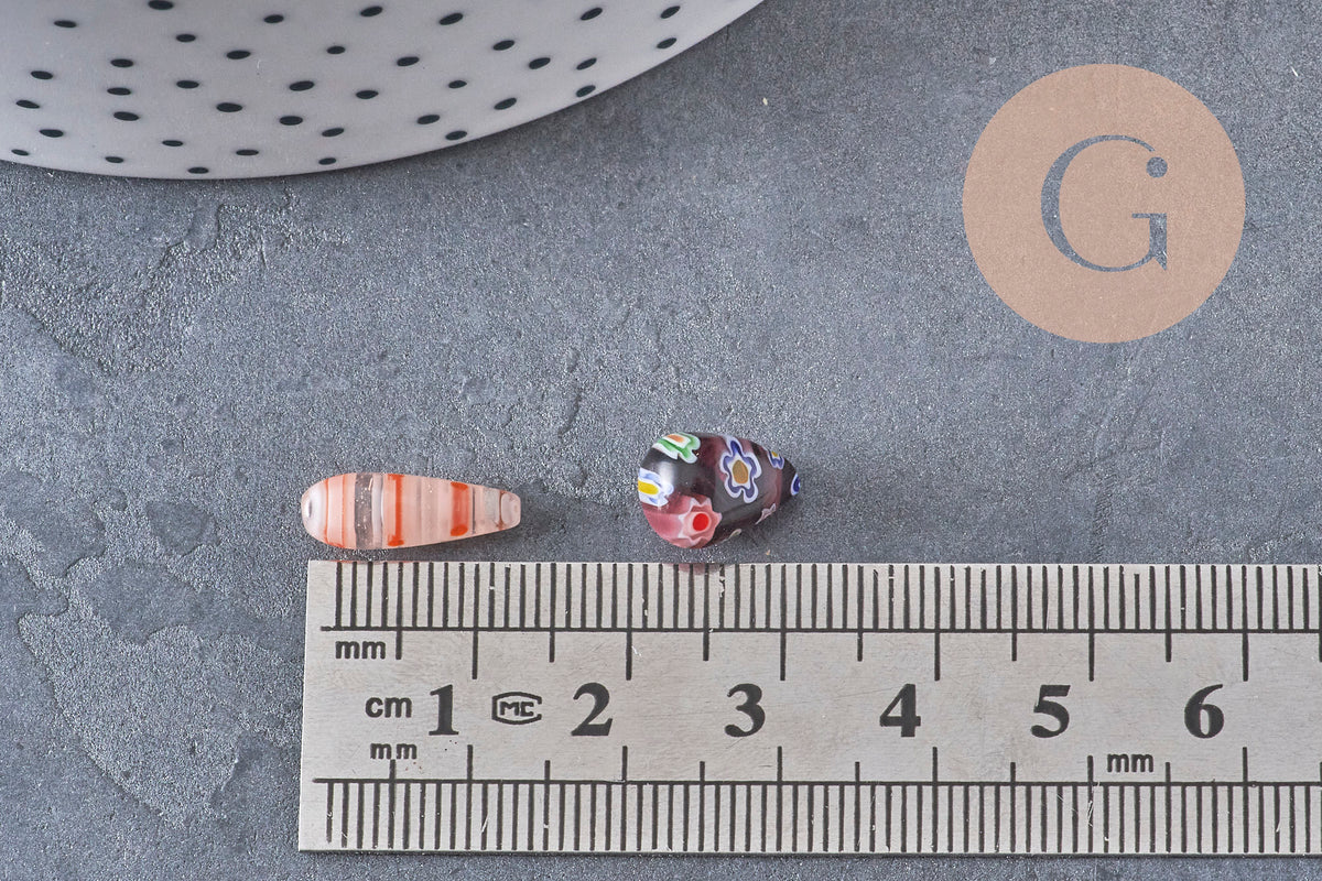 Millefiori glass drop beads 10-17mm, handmade glass beads for jewelry making, x5 (G1943)