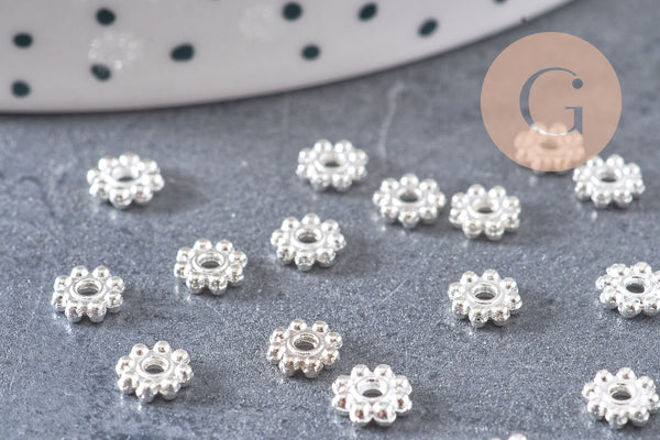 Rondelles fleurs laiton argenté, perles argentés, création bijoux, perles intercalaires, 5mm, x10 (G0946)