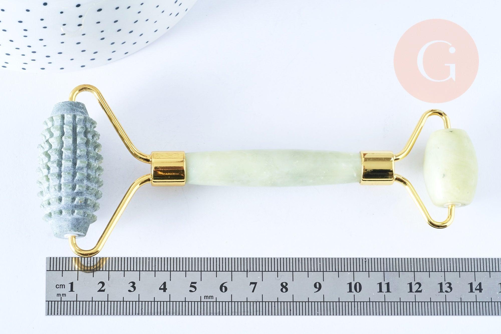 Rouleau de massage jade naturelle support or doré 14,3mm,outil auto-massage, x1 G7238