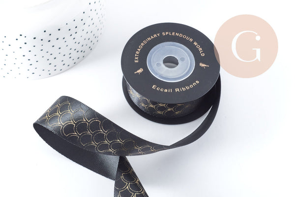 Ruban Satin Polyester noir écailles poisson doré 25mm, x1 mètre (G8919)