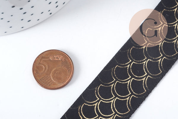Ruban Satin Polyester noir écailles poisson doré 25mm, x1 mètre (G8919)