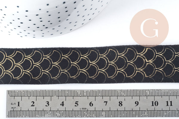 Ruban Satin Polyester noir écailles poisson doré 25mm, x1 mètre (G8919)