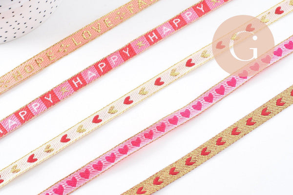 Ruban brodé texte coeurs 10mm, x1 mètre (G10269)