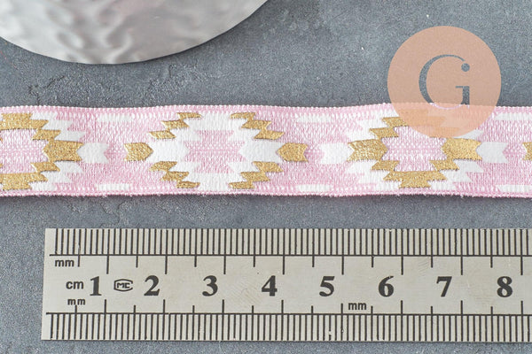 Ruban élastique motif Aztèque rose or EFJF 16mm, x1 m (G8237)
