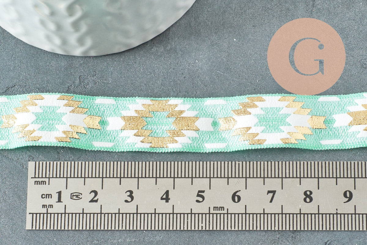 EP-Ruban élastique motif Aztèque vert or EFJF, fabrication bijoux,bracelet EVJF,ruban mariage,scrapbooking,16mm,1 mètre-G1850