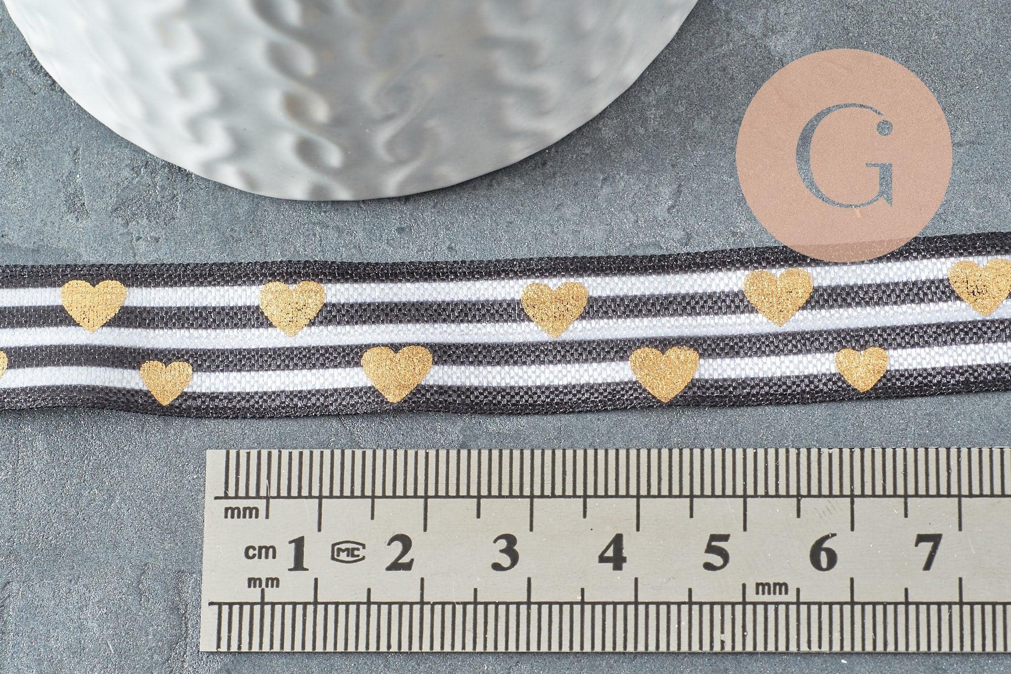 Ruban élastique rayé coeurs or EFJF, bracelet EVJF,ruban mariage,scrapbooking,16mm, x1 mètre (G1583)