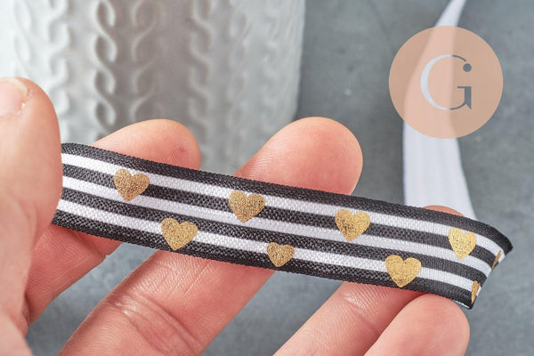 Ruban élastique rayé coeurs or EFJF, bracelet EVJF,ruban mariage,scrapbooking,16mm, x1 mètre (G1583)