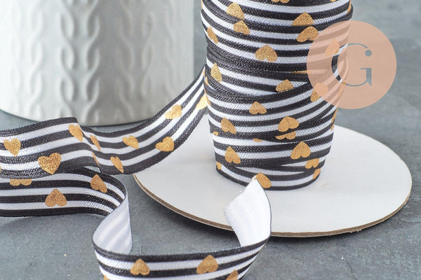 Ruban élastique rayé coeurs or EFJF, bracelet EVJF,ruban mariage,scrapbooking,16mm, x1 mètre (G1583)