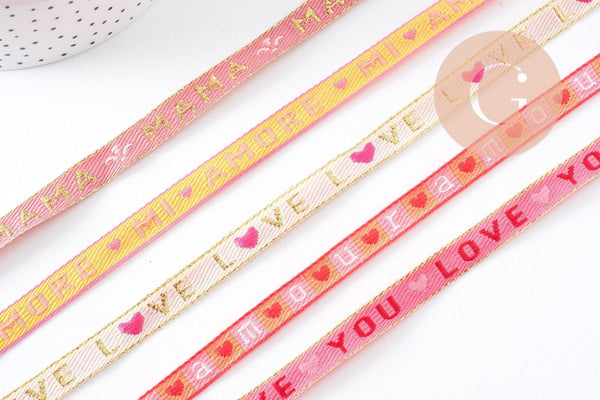 Ruban texte Amour 10mm, un ruban brodé de qualité pour travaux de couture ou création de bijoux, x1 mètre (G10418)