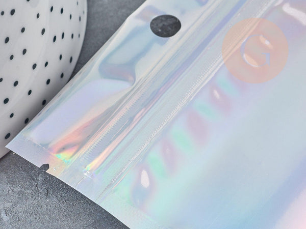 Sacs zippé plastique rectangle gris holographique 10x7cm, x5 (G9037)
