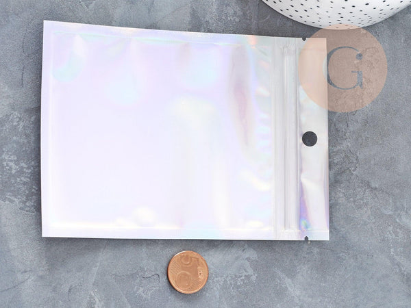 Sacs zippé plastique rectangle gris holographique 14.9x10.5cm, x5 (G8757)