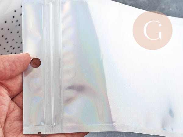 Sacs zippé plastique rectangle gris holographique 14.9x10.5cm, x5 (G8757)