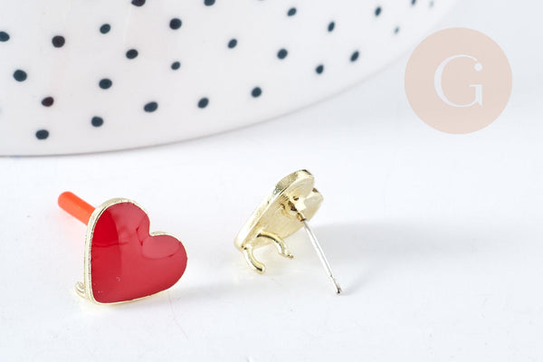 Support Boucles puces zamac doré coeur émail rouge avec anneau 11.5mm, la paire (G8609)