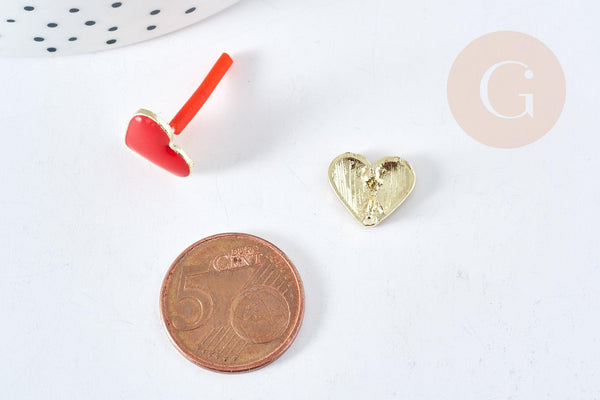 Support Boucles puces zamac doré coeur émail rouge avec anneau 11.5mm, la paire (G8609)